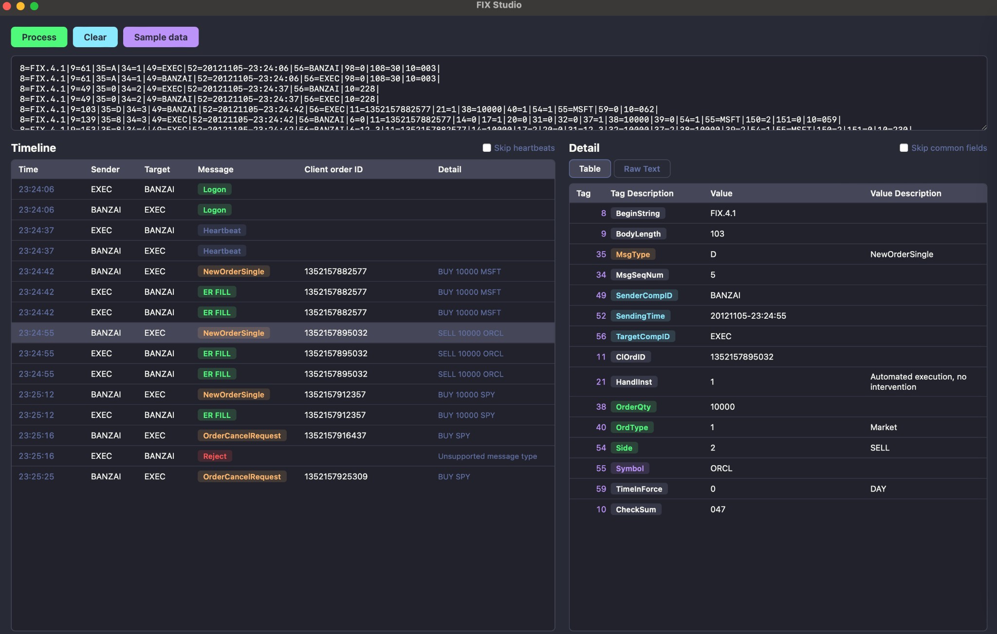 FIX Studio – Timeline and Detail view showing parsed FIX messages